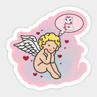 Cupid Dreaming About a Cat Sticker